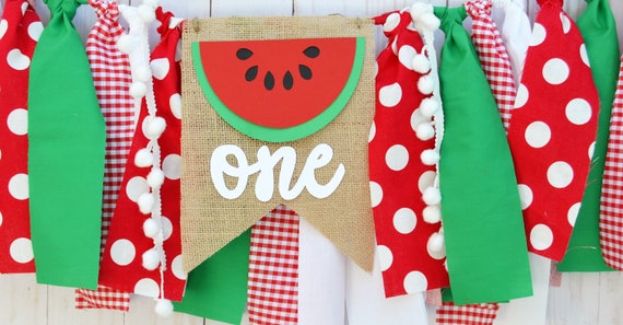 One in a Melon Watermelon Birthday Highchair Banner 1st Girl First Birthday Banner Custom Decor bunting red and green backdrop party decor Il_570xn