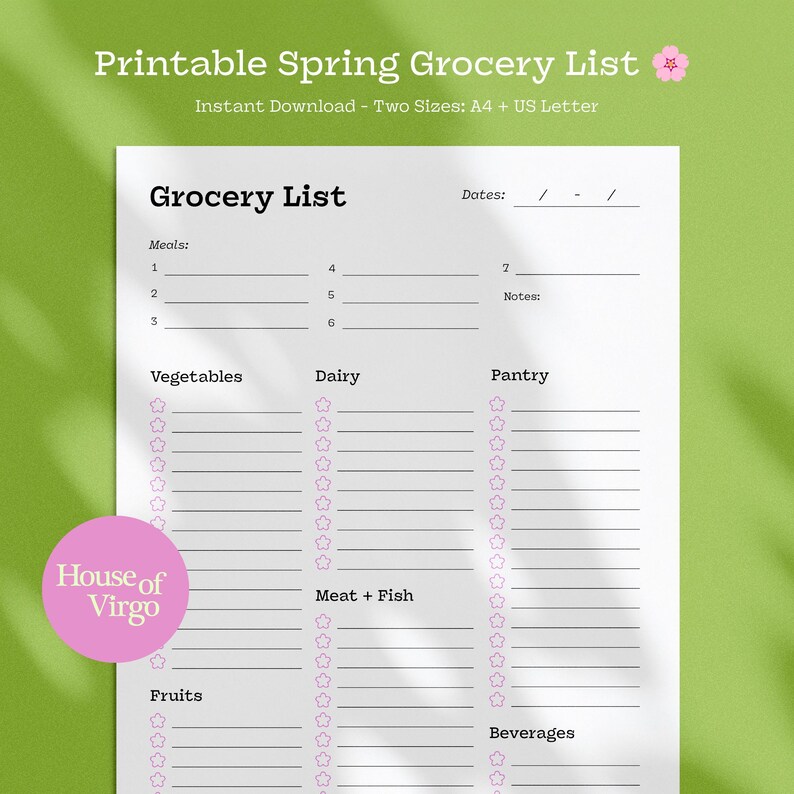 Printable Grocery List - Weekly Meal Plan - Spring Cherry Blossom ...