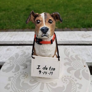 Custom made single Dog Polymer clay Cake Topper with &quot;I do too&quot; sign and collar