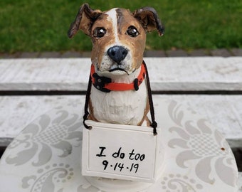 Custom made single Dog Polymer clay Cake Topper with "I do too" sign and collar