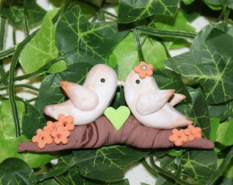 Set of Brown and white Love birds sitting on a Tree Branch Cake topper
