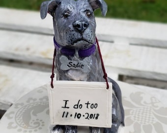 Custom single clay Dog cake topper with "I do too" sign, Neck Collar and Name tag