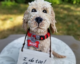Custom made single Dog Polymer clay Cake Topper w/ "I do too" sign, collar, and name tag