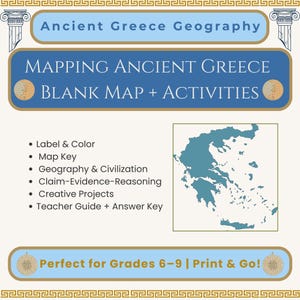 Antike Griechenland Arbeitsblatt | Druckbare Geographie Aktivität | Geschichte der Mittelschule | Blanko-Karte + Beschriftung + Lehrer-Handbuch