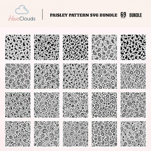 Puede incluir: Una colección digital titulada Paisley Pattern SVG Bundle 69 Bundle de HenClouds, que presenta veinte mosaicos cuadrados dispuestos en una cuadrícula. Cada mosaico muestra un patrón de cachemira repetitivo en blanco y negro.