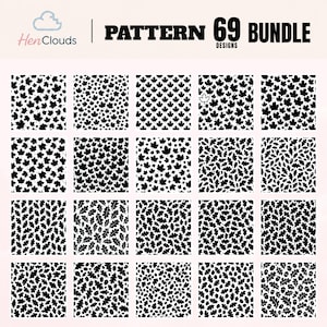 May include: A digital collection titled HenClouds Pattern 69 Bundle Designs featuring twenty square tiles arranged in a grid. Each tile displays a repeating black and white graphic pattern of maple leaves, oak leaves, and acorns in various densities.