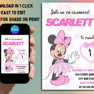 Invito di compleanno modificabile di Minnie Mouse - Modello per festa del 1° compleanno di una bambina - Tema Topolino Rosa - Invito di compleanno di Twodles
