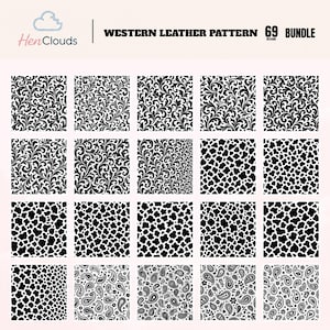 Può includere: Una collezione digitale intitolata WESTERN LEATHER PATTERN 69 BUNDLE di HenClouds, con venti tessere quadrate disposte in una griglia. I disegni includono filigrane floreali in bianco e nero, macchie di pelle bovina e motivi paisley complessi.