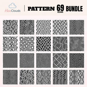 Peut inclure: Une collection numérique intitulée HenClouds Pattern 69 Bundle Designs présentant vingt motifs graphiques distincts en noir et blanc. La grille affiche diverses textures géométriques, reptiliennes et en maille, montrant des formes répétitives.