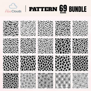 以下が含まれることがあります： HenClouds Pattern 69 Bundle Designsというタイトルのデジタルコレクションで、20個の正方形のタイルがグリッド状に配置されています。パターンは、コウモリ、幽霊、クモの巣などの白黒の繰り返しモチーフで構成されています。