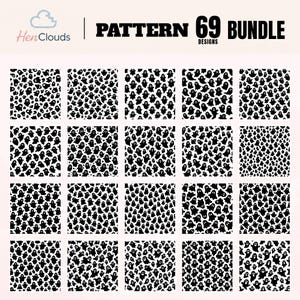 May include: A digital collection titled HenClouds Pattern 69 Bundle Designs featuring twenty square tiles arranged in a grid. Each tile displays a repeating black and white pattern of various ghost figures in different sizes and orientations.