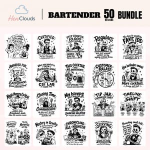 Puede incluir: Un paquete digital de 50 diseños gráficos en blanco y negro que presentan esqueletos camareros y textos humorísticos sobre la coctelería. Las ilustraciones incluyen varios temas de cócteles, citas divertidas y escenas de personajes.