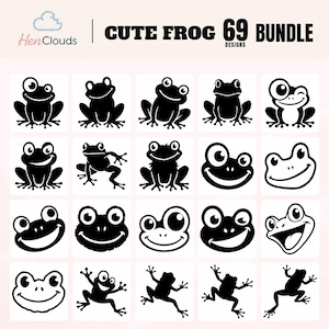 May include: A digital collection of 69 black and white frog designs labelled Cute Frog 69 Bundle by HenClouds. The image displays a grid of various frog illustrations, including full-body silhouettes, frog faces, and jumping poses in black ink.