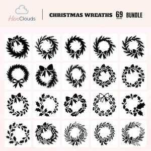 Peut inclure: Une collection numérique de 69 motifs de couronnes de Noël en noir et blanc avec divers éléments de pin, de houx et de nœuds. L'ensemble graphique est intitulé HenClouds Christmas Wreaths 69 Bundle et présente vingt icônes de couronnes.