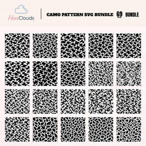 May include: A digital collection titled Camo Pattern SVG Bundle 69 Bundle by HenClouds, featuring twenty distinct black and white camouflage designs arranged in a grid. The patterns include various organic shapes, pixelated textures, and leaf motifs.