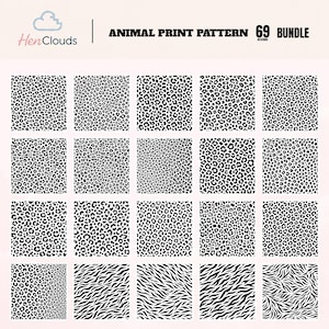 Può includere: Una collezione digitale di 69 motivi animalier con macchie di leopardo e strisce zebrate in bianco e nero. La grafica include il testo HenClouds e ANIMAL PRINT PATTERN 69 BUNDLE disposti in una griglia di venti distinti disegni quadrati.
