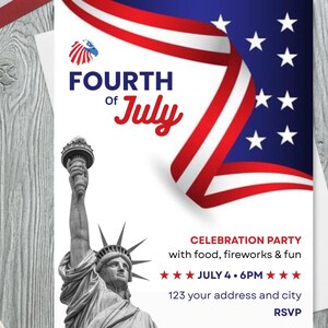 Invitación del 4 de julio: invitación editable para fiesta de fuegos artificiales patrióticos, tarjeta de celebración del Día de la Independencia, plantilla digital de EE. UU. en rojo, blanco y azul.
