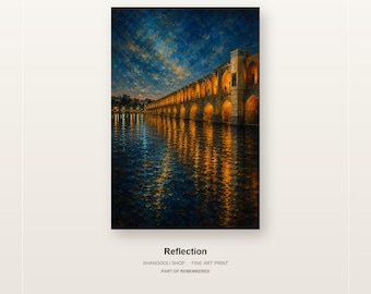 Reflection, Isfahan Bridge Wall Art, Persian Cityscape Poster, Blue and Gold Travel Print