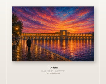 Twilight, Isfahan River Wall Art, Persian Bridge Poster, Romantic Purple Evening Print