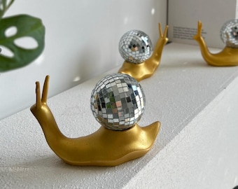 Disco Snail Figurine, Iridescent Mirror Mosaic Snail Decor, Retro Funky Animal Ornament, Funny Disco Gift