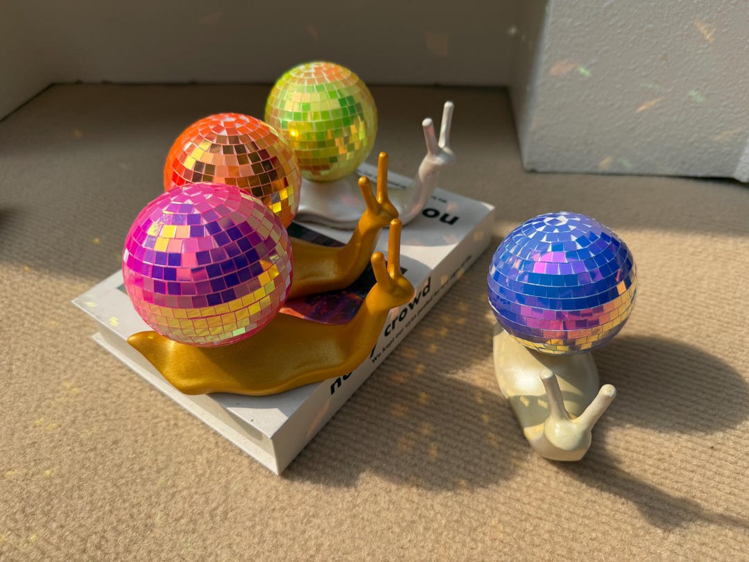 Disco Snail Sculpture, Mirror Ball Resin Decor, Funky Colorful Room Art ...