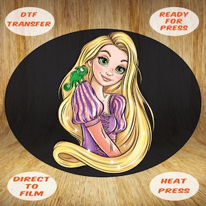May include: A digital transfer design featuring a cartoon illustration of Rapunzel from Disney's Tangled. She is wearing a purple dress with a pink and gold striped bodice and has a green chameleon on her shoulder. The design is ready for heat press transfer to fabric.