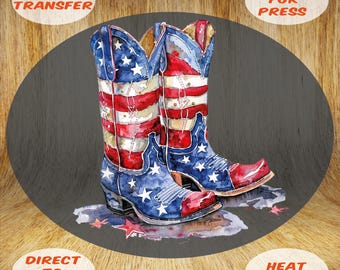 Patriotic Cowboy Boots DTF Transfer: 4th of July Western Heat Press