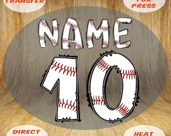 May include: A baseball-themed DTF transfer design featuring the word "NAME" and the number "10", with a baseball stitch pattern. The design is on a wooden background with the phrases "DTF TRANSFER", "READY FOR PRESS", "DIRECT TO FILM", and "HEAT PRESS".