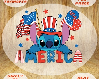 Patriotic Disney Stitch DTF Transfer, 4th of July, Ready to Press