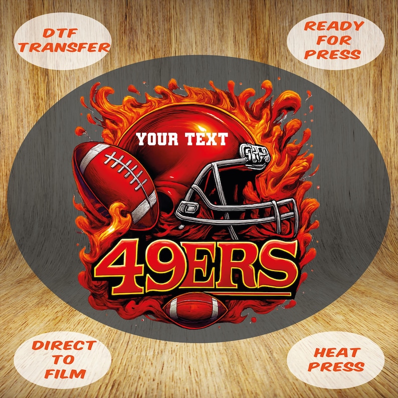 Custom 49ers Football Flame DTF Transfer: Helmet Game Day Iron-On Heat Press image 1