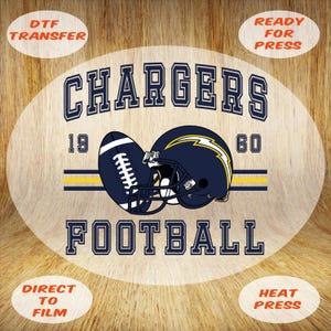 May include: A navy blue football helmet and football with the text "CHARGERS FOOTBALL 1960" in a navy blue font. The image also includes the text "DTF TRANSFER", "READY FOR PRESS", "DIRECT TO FILM", and "HEAT PRESS".