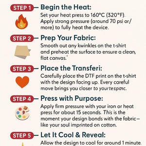 May include: An instructional graphic with the title "HOW TO APPLY DTF TRANSFER?" outlines the steps for applying DTF transfers to fabric. The steps include heating, prepping fabric, placing the transfer, pressing, and cooling. The graphic uses icons and text.