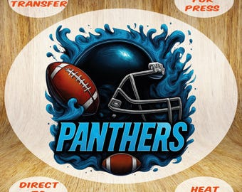May include: A digital design featuring a football, helmet, and the word "Panthers" in blue. The design includes the text "DTF Transfer", "Ready for Press", "Direct to Film", and "Heat Press" in a circular layout.
