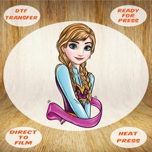 May include: A digital transfer design featuring a cartoon illustration of a girl with long blonde braids wearing a blue and purple dress. The design is ready for heat pressing onto fabric.