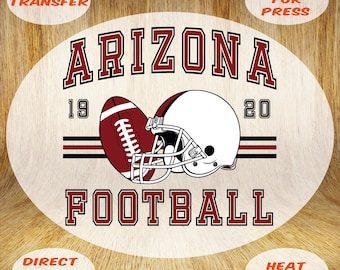 May include: A DTF transfer design featuring the text "ARIZONA FOOTBALL" in maroon, along with a football and helmet graphic. The design includes the years "19" and "20". The words "DTF TRANSFER", "READY FOR PRESS", "DIRECT TO FILM", and "HEAT PRESS" are also included.