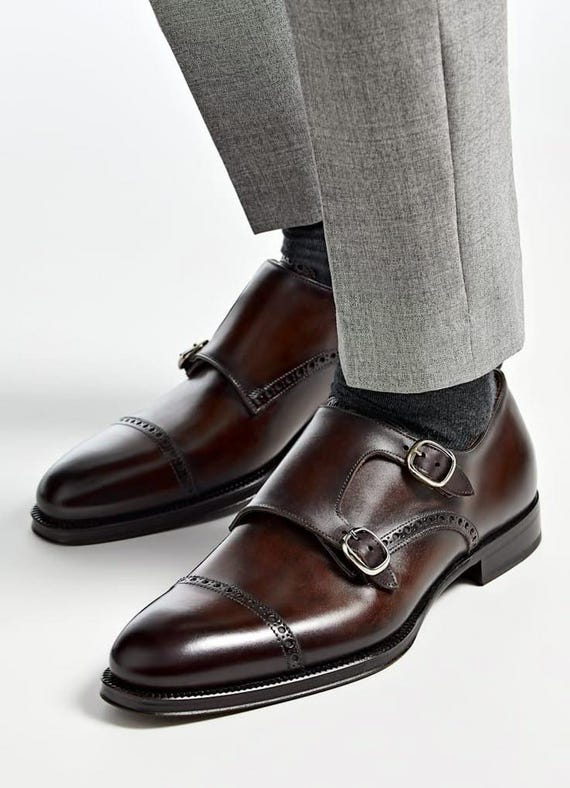 Handmade Leather Monk Strap Shoes | Classic Brown Dress  display picture 3