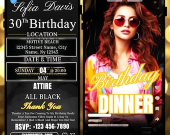 Elegant Black & Gold 30th Birthday Dinner Invitation: Editable Canva Template (Digital Download Evite)