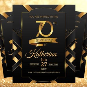 Invitación editable para 70 cumpleaños / Invitación digital para fiesta en dorado y negro / Plantilla de Canva para 70 cumpleaños Glam Evite / Imprimible o texturizable
