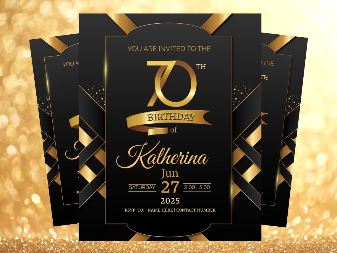 Editable 70th Birthday Invitation | Gold and Black Digital Party Invite | Glam 70th Birthday Evite Canva Template | Printable or Textable