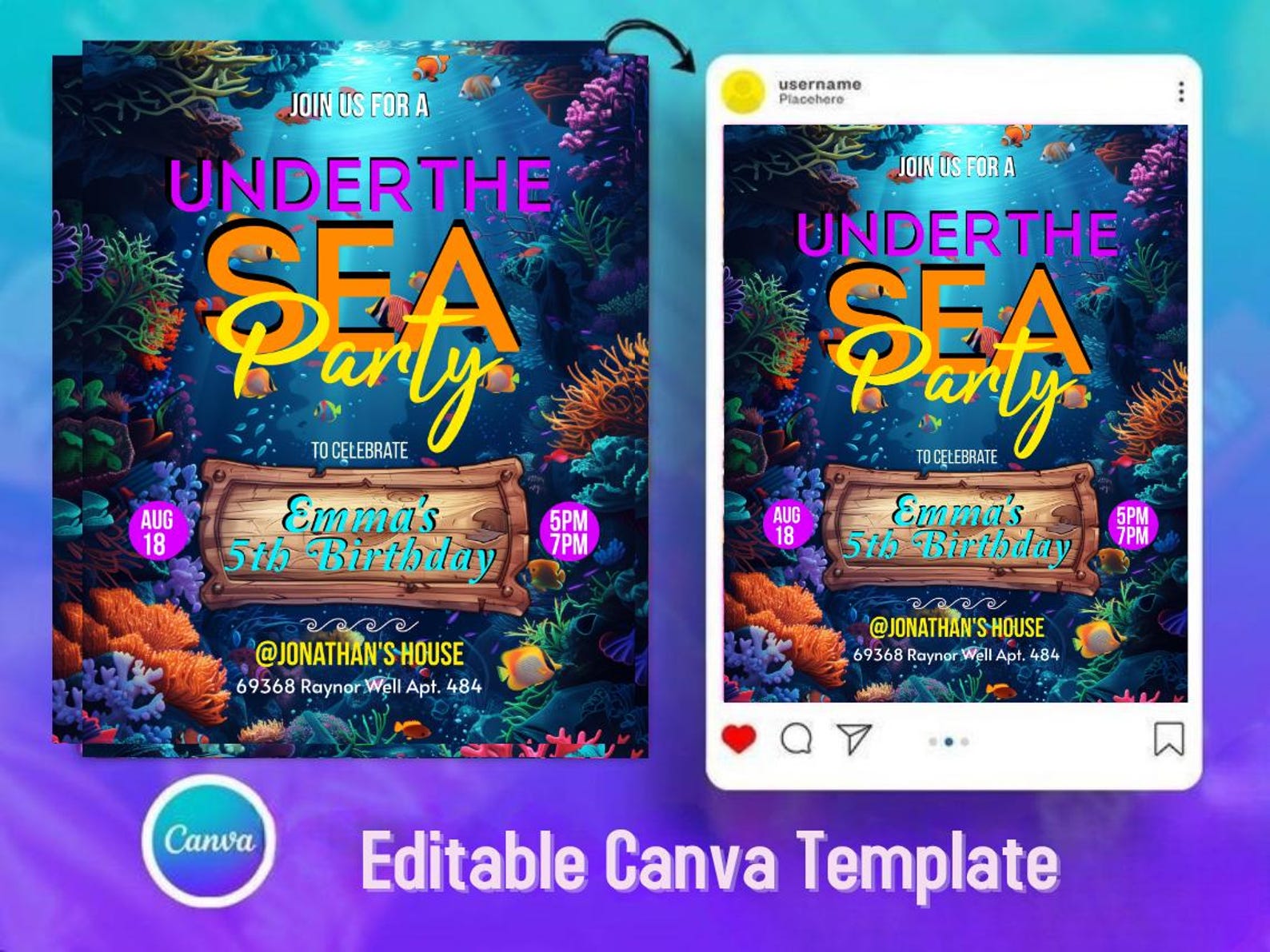 Under the Sea Birthday Invitation: Ocean Animals Party, Editable Canva ...
