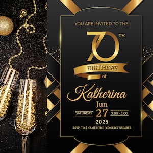 Convite editável para 70º aniversário | Convite digital dourado e preto para festa | Modelo de convite glamouroso para 70º aniversário no Canva | Para impressão ou texto