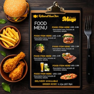 May include: A restaurant menu on a black clipboard with a gold clip. The menu features a burger, steak, pizza, and other dishes. The menu also includes the text "Food Menu" and "Special Menu". A burger, fries, and fried chicken are on the table.