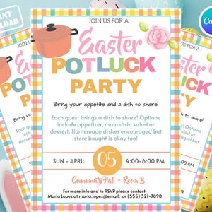 Op de afbeelding: Een kleurrijke uitnodiging voor een Paas Potluck Party met een speels ontwerp. De uitnodiging toont een cartoon pot, pastelkleuren en de tekst "Easter Potluck Party". Inclusief datum, tijd en contactgegevens.