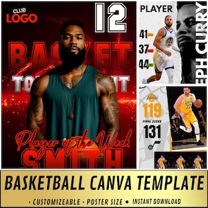 May include: Basketball Canva template with a red and black design. Features a player portrait, game stats, and the text "Player of the Week Smith." Includes the text "Basketball Canva Template" and "Customizable, Poster Size, Instant Download."