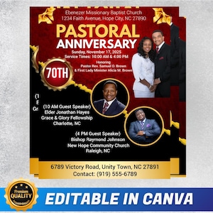 Könnte beinhalten: Roter und goldener Flyer für ein Pastoral Anniversary-Event. Der Flyer enthält den Text "PASTORAL ANNIVERSARY" und "70TH". Es zeigt Fotos von Personen und den Text "EDITABLE IN CANVA".