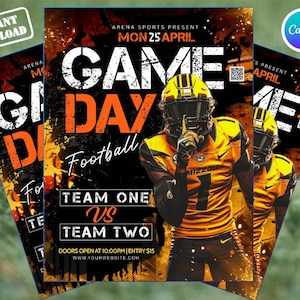 Puede incluir: Un folleto promocional para un partido de fútbol americano, con un jugador con uniforme amarillo y negro. Las palabras "GAME DAY" se muestran de forma destacada, junto con "Football" y la fecha "MON 25 ABRIL". El folleto también incluye el texto "TEAM ONE vs TEAM TWO".