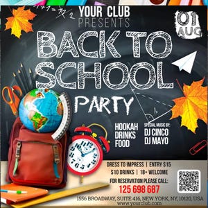 Puede incluir: Un folleto promocional para una "Back to School Party" con un fondo de pizarra. El folleto presenta una mochila, un globo terráqueo, un despertador y hojas de otoño. El texto incluye detalles del evento, fecha e información de contacto.