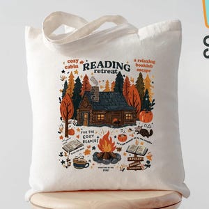 Autumn Reading Tote Bag, Cozy Cabin Book Lover Bag, Fall Bookworm Gift Tote, Reading Retreat Bag, Cozy Fall Aesthetic Tote