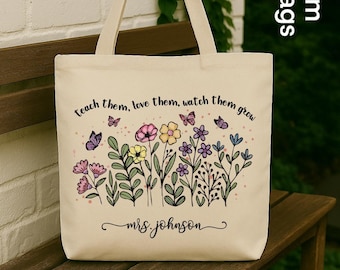 Personalized Teacher Tote Bag, Custom Teacher Gift, Teach Love Grow Bag, Floral Teacher Bag, Teacher Appreciation Gift, Custom Name Tote