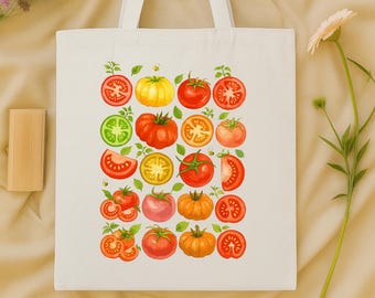 Heirloom Tomato Tote Bag, Colorful Tomato Bag, Farmers Market Tote, Vegetable Grocery Bag, Garden Lover Tote, Tomato Tote Bag, Vegan Gift
